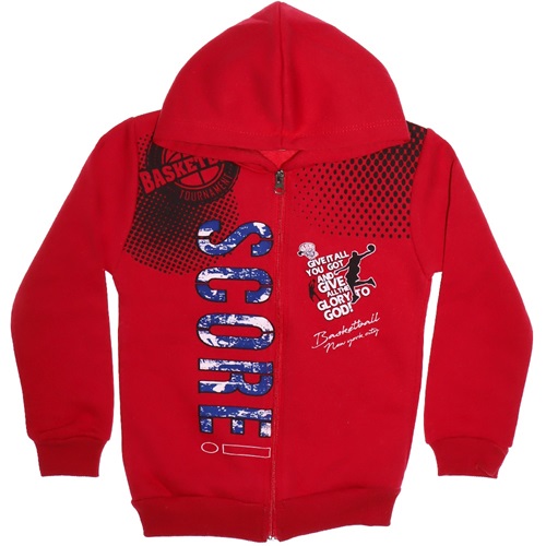 Src 2044 Score Baskılı Üç İplik Kapşonlu Fermuarlı Erkek Çocuk Hırka 8-12 Yaş - Kırmızı
