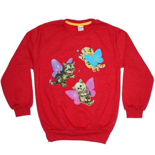 Azranur Kedi Baskılı 2 İp Şardonlu Sıfır Yaka Kız Çocuk Sweatshirt 3-10 Yaş