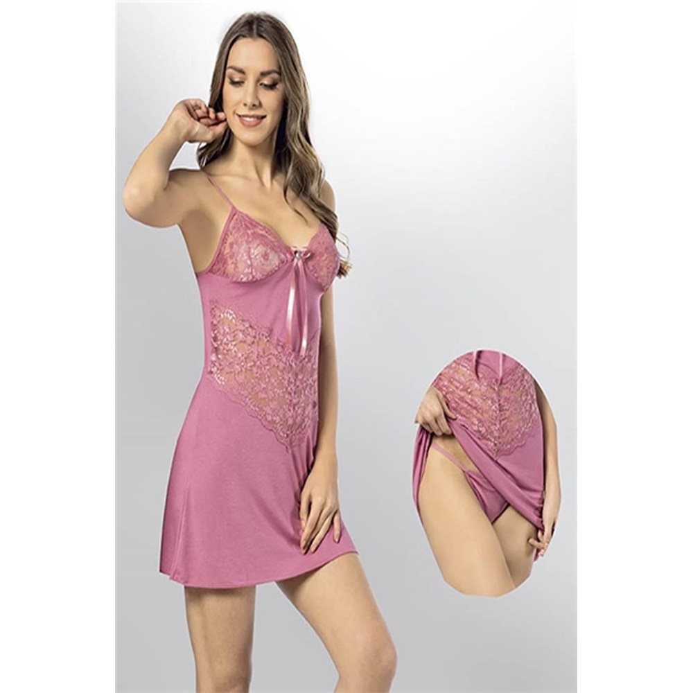 6202 Kota Bayan Likralı Penye Dantelli Gecelik - G.Kurusu