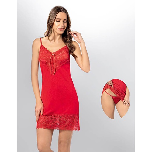 Kota 6298 Modelli Penye Danttelli Gecelik Takım - Kırmızı