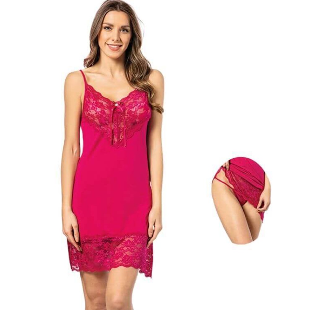 Kota 6298 Modelli Penye Dantelli Gecelik Takım - Vişne