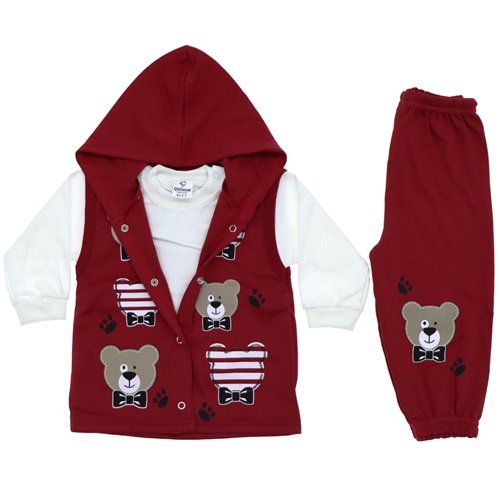 ÇAĞKON 810 Ayıcık Baskılı Kapşonlu Yelekli Erkek Çocuk 3Lü Takım 2 Yaş - Karışık Renk - 2 YAŞ