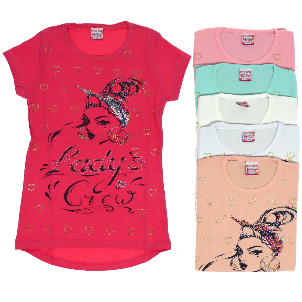 Almila 1560 Renkli Taşlı Kız Baskılı Kız Çocuk Tişört 5-8 Yaş