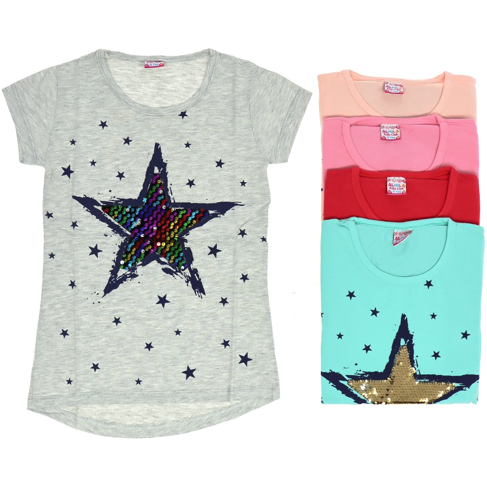 Almila Pullu Yıldız Baskılı Kız Çocuk Tişört 5-8 Yaş