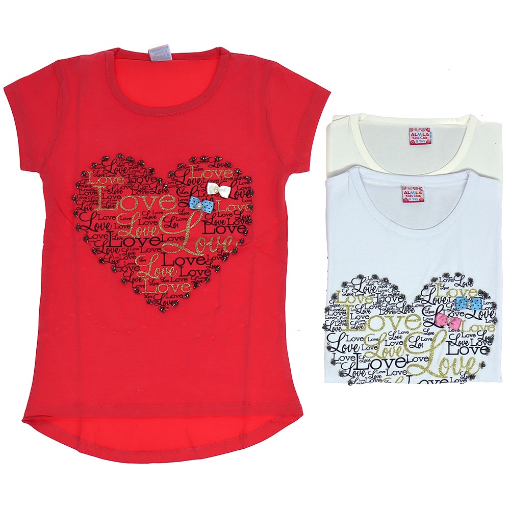 Almila 1591 Kalp El İşi Model Kız Çocuk Tişört 5-8 Yaş