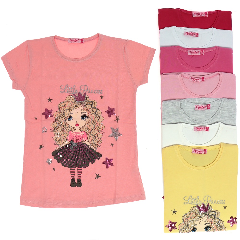 Pembe 4061 Yıldız Nakışlı Little Prenses Baskılı Kız Çocuk Tişört 5-8 Yaş