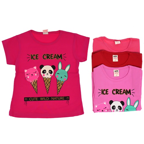 Djw Ice Cream Baskılı Likralı Kız Çocuk Tişört 1-4 Yaş