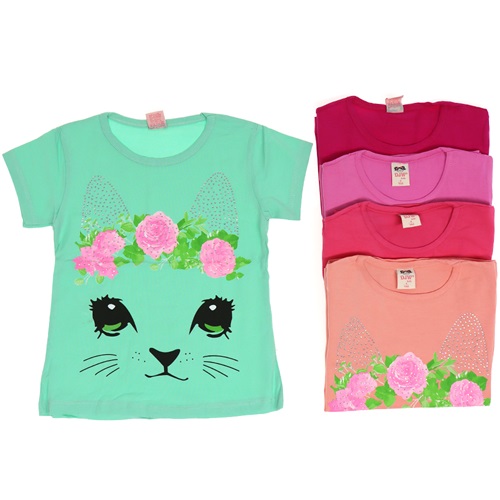 Djw Kedi Baskılı Likralı Kız Çocuk Tişört 1-4 Yaş