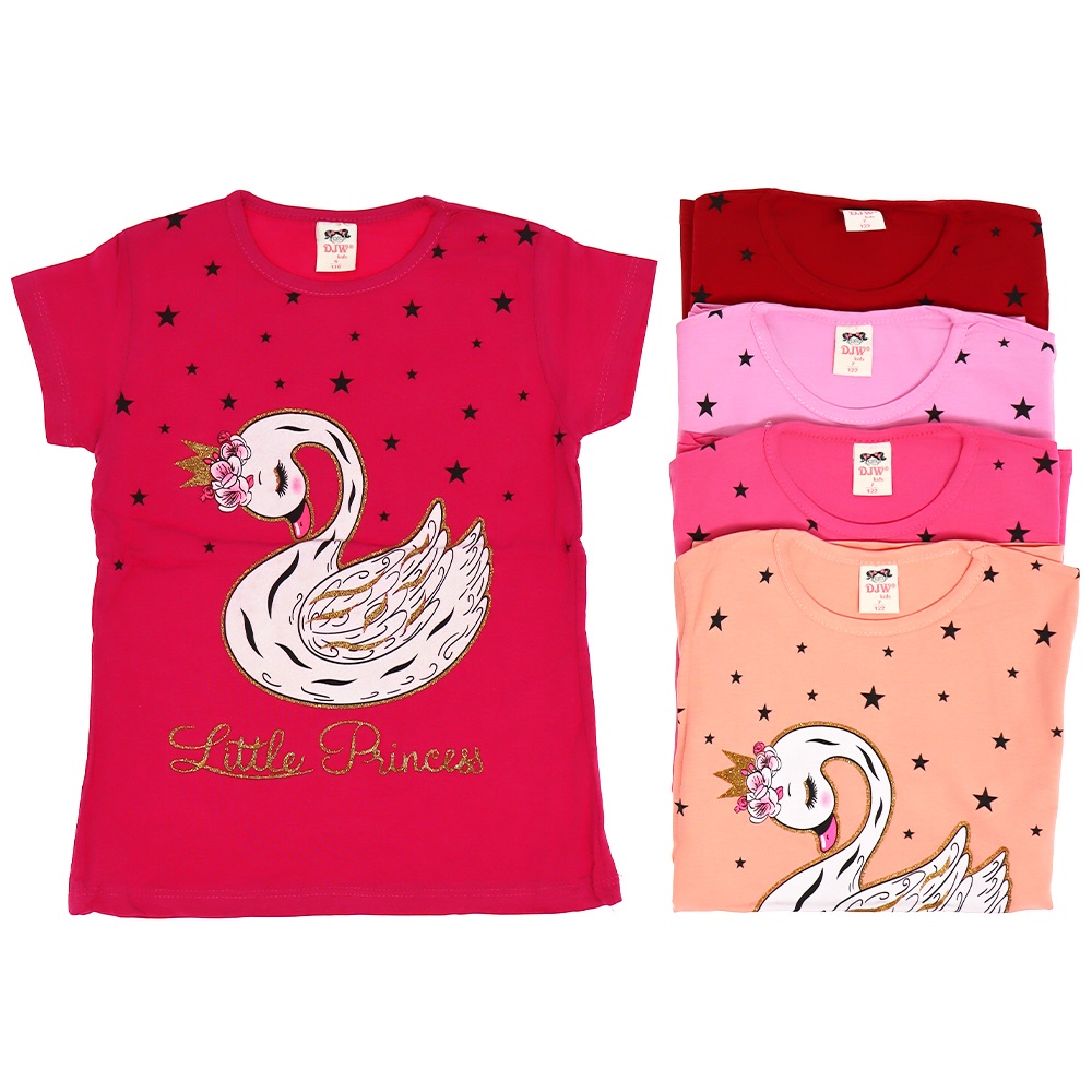 Djw Yıldız Kuğu Baskılı Likralı Kız Çocuk Tişört 3-7 Yaş