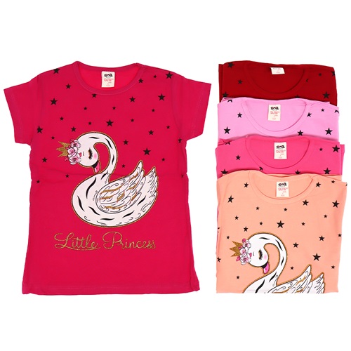 Djw Yıldız Kuğu Baskılı Likralı Kız Çocuk Tişört 3-7 Yaş