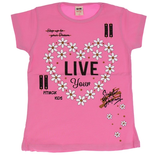Djw Çiçekli Kalp Baskılı Likralı Kız Çocuk Tişört 3-7 Yaş