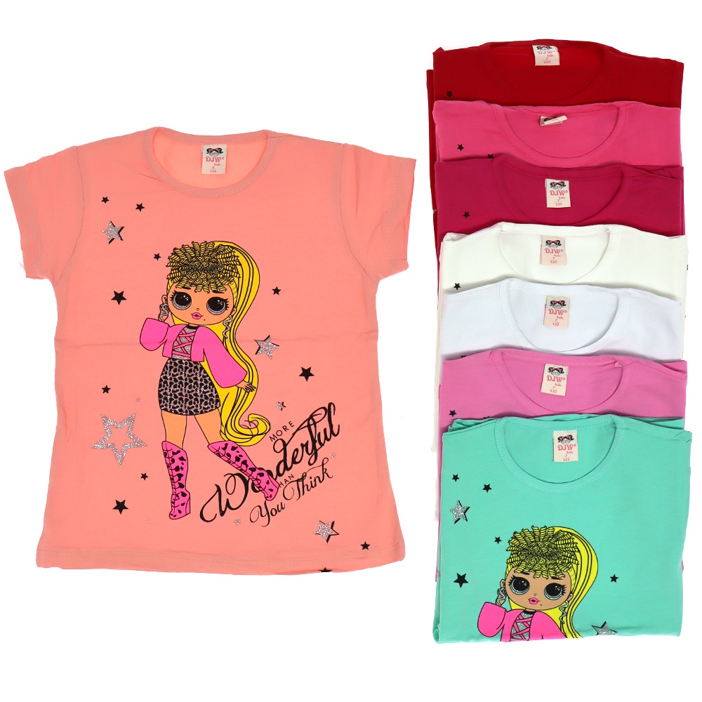 Djw Simli Yıldız Kız Baskılı Likralı Kız Çocuk Tişört 3-7 Yaş