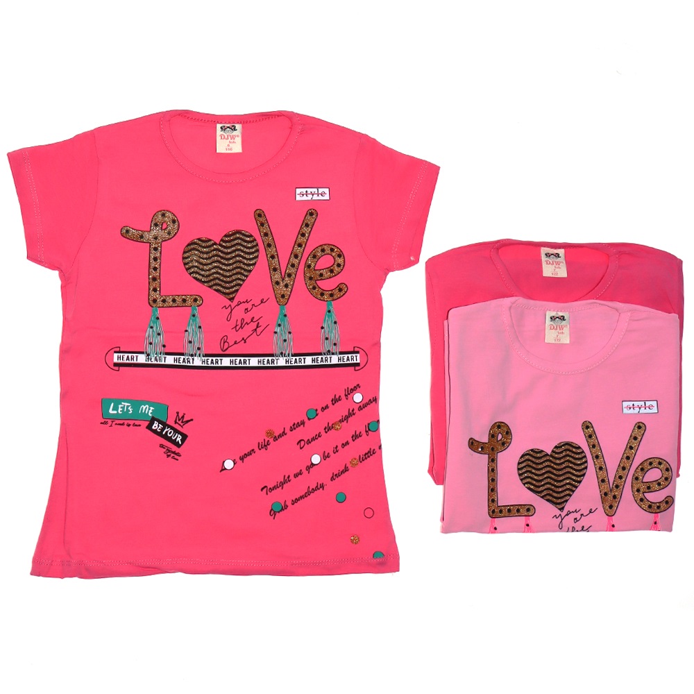 DJW Love Baskılı Simli Kız Çocuk Kısa Kollu Tshirt 3-7 Yaş
