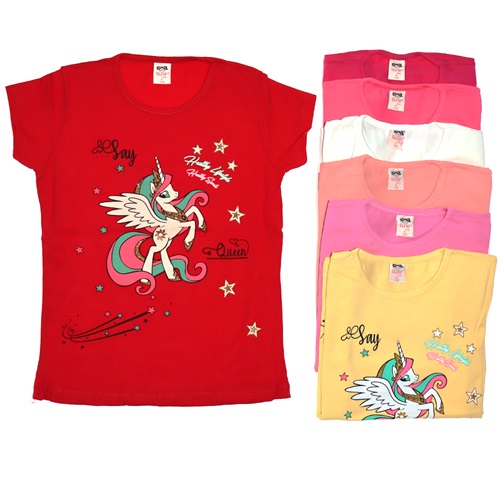 DJW Unicorn Baskılı Kız Çocuk Kısa Kollu Tshirt 5-8 Yaş