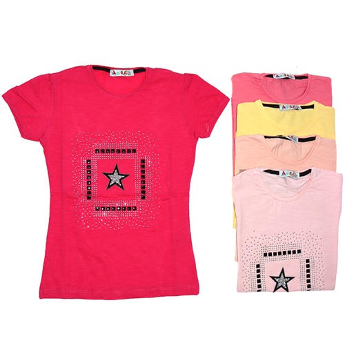 Esila 818 Taşlı Yıldız Nakışlı Kız Çocuk Tişört 5-8 Yaş - Somon