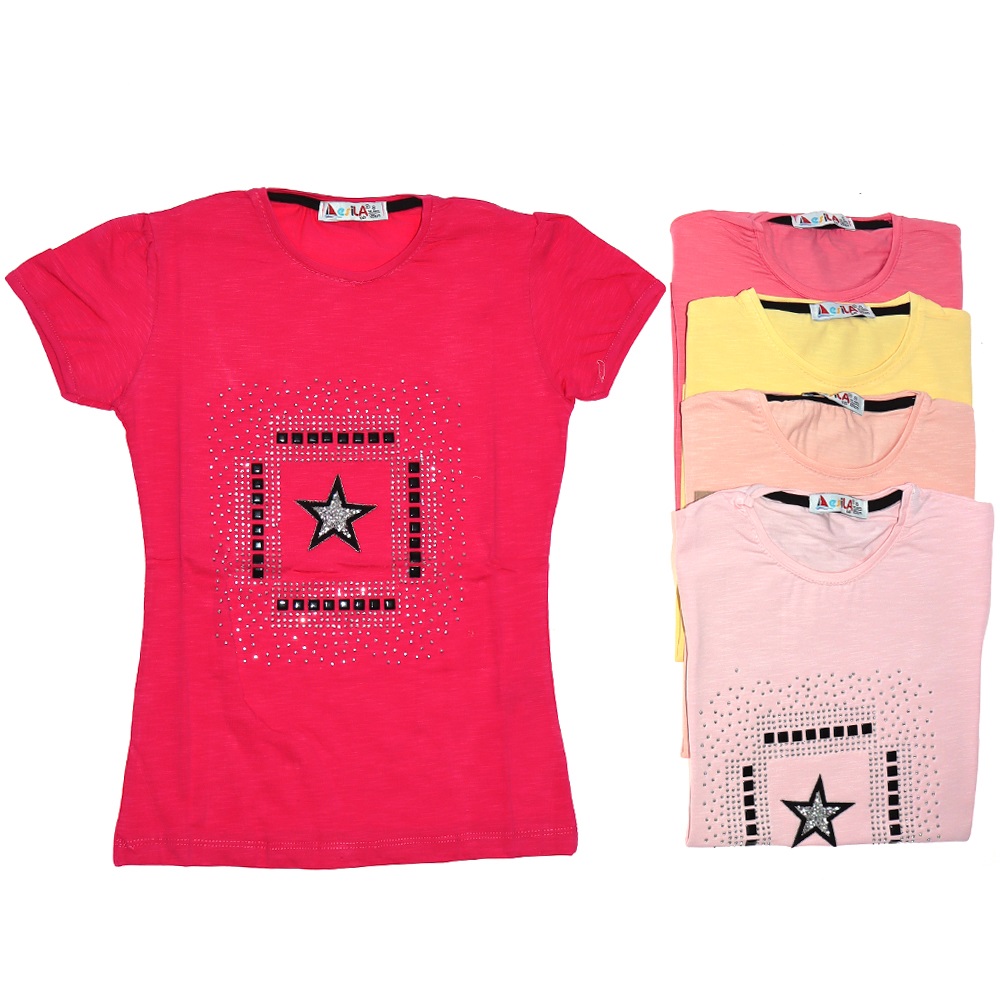 Esila 818 Taşlı Yıldız Nakışlı Kız Çocuk Tişört 5-8 Yaş