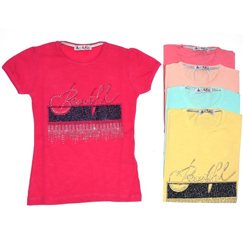 Esila 814 Taşlı Beautifull Baskılı Kız Çocuk Tişört 5-8 Yaş - Pembe