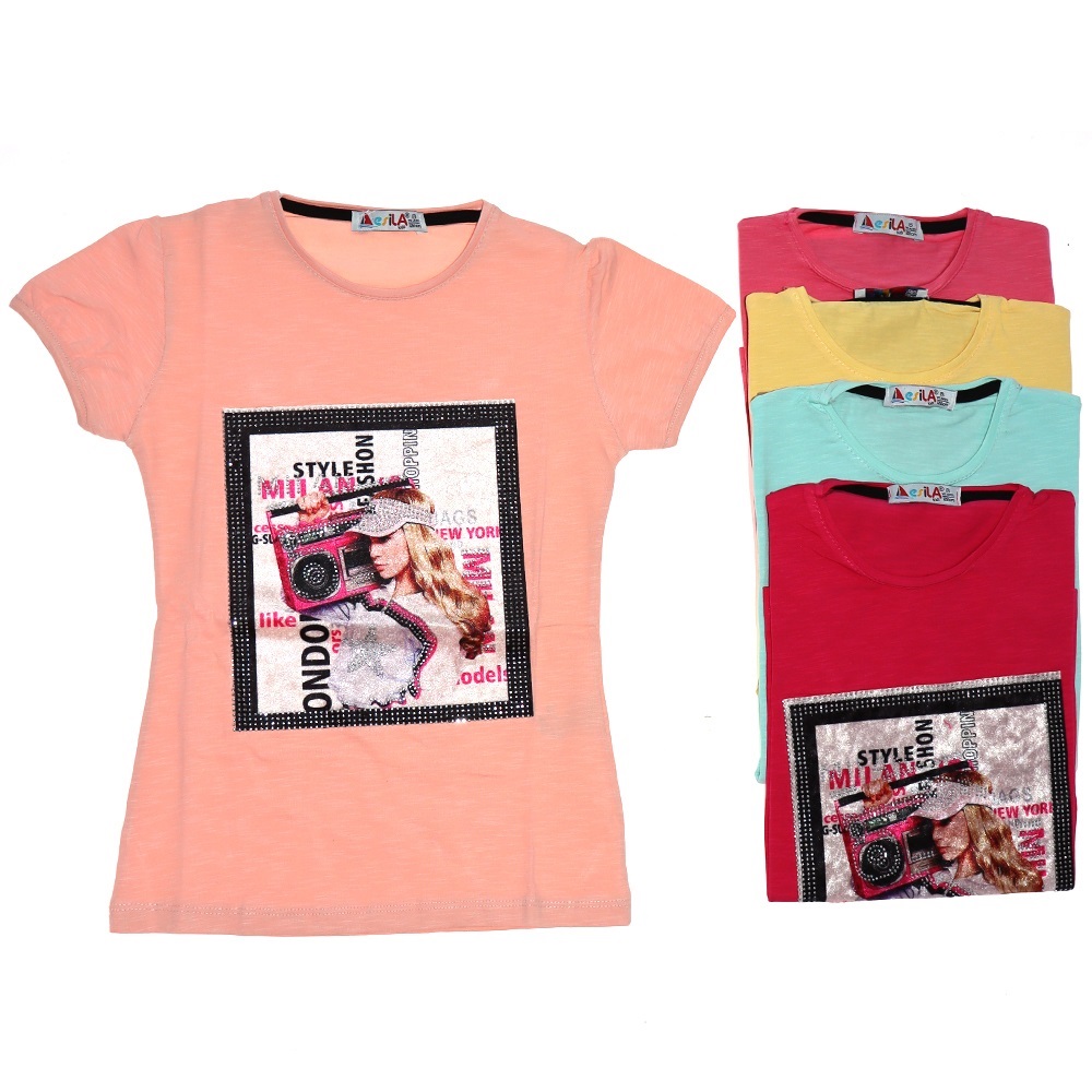 Esila 822 Taşlı Şapkalı Kız Baskılı Kız Çocuk Tişört 5-8 Yaş - Pembe
