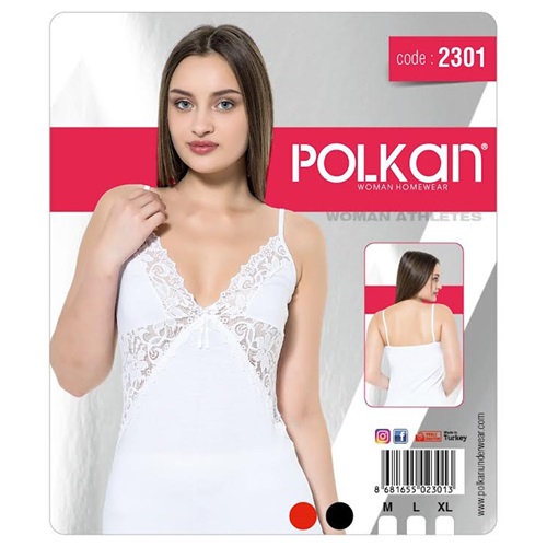 Polkan 2301 Bayan Likralı İp Askı Dantelli Atlet - Siyah - XL