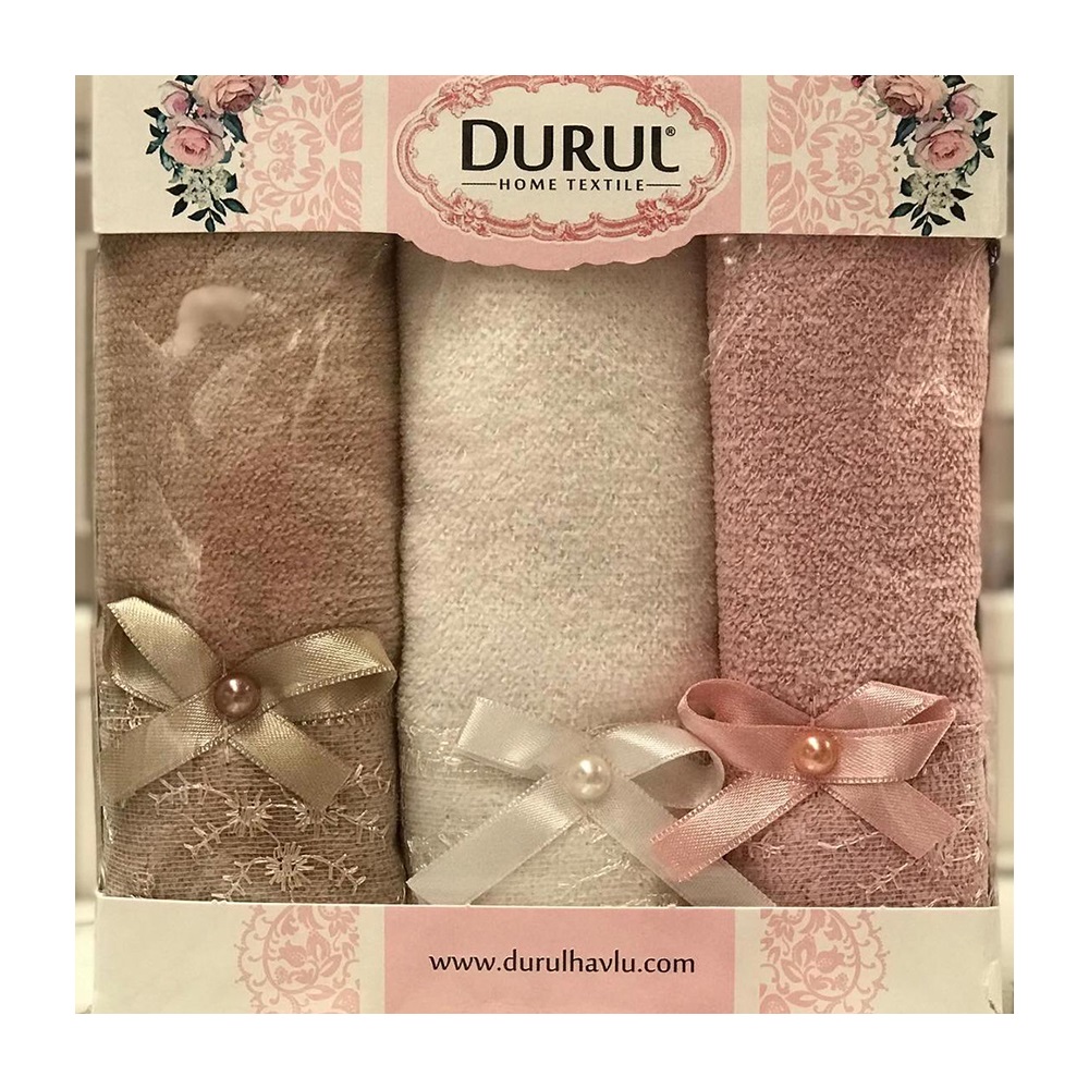 Durul Kadife İncili Kurdelalı 3 lü Mutfak Havlusu 30x50