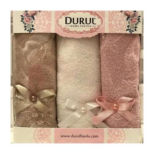 Durul Kadife İncili Kurdelalı 3 lü Mutfak Havlusu 30x50