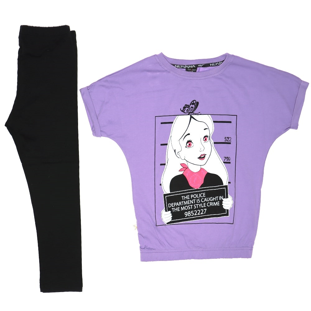 Nirvana 415 Kız Çocuk Likralı Penye Baskılı Tişört Tayt Takım 9-12 Yaş