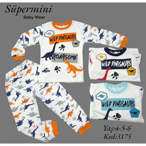 Süpermini 3175 Dinazor Desenli 2 li Erkek Çocuk Pijama Takımı 4-6 Yaş - Turkuaz - 4-5-6 YAŞ