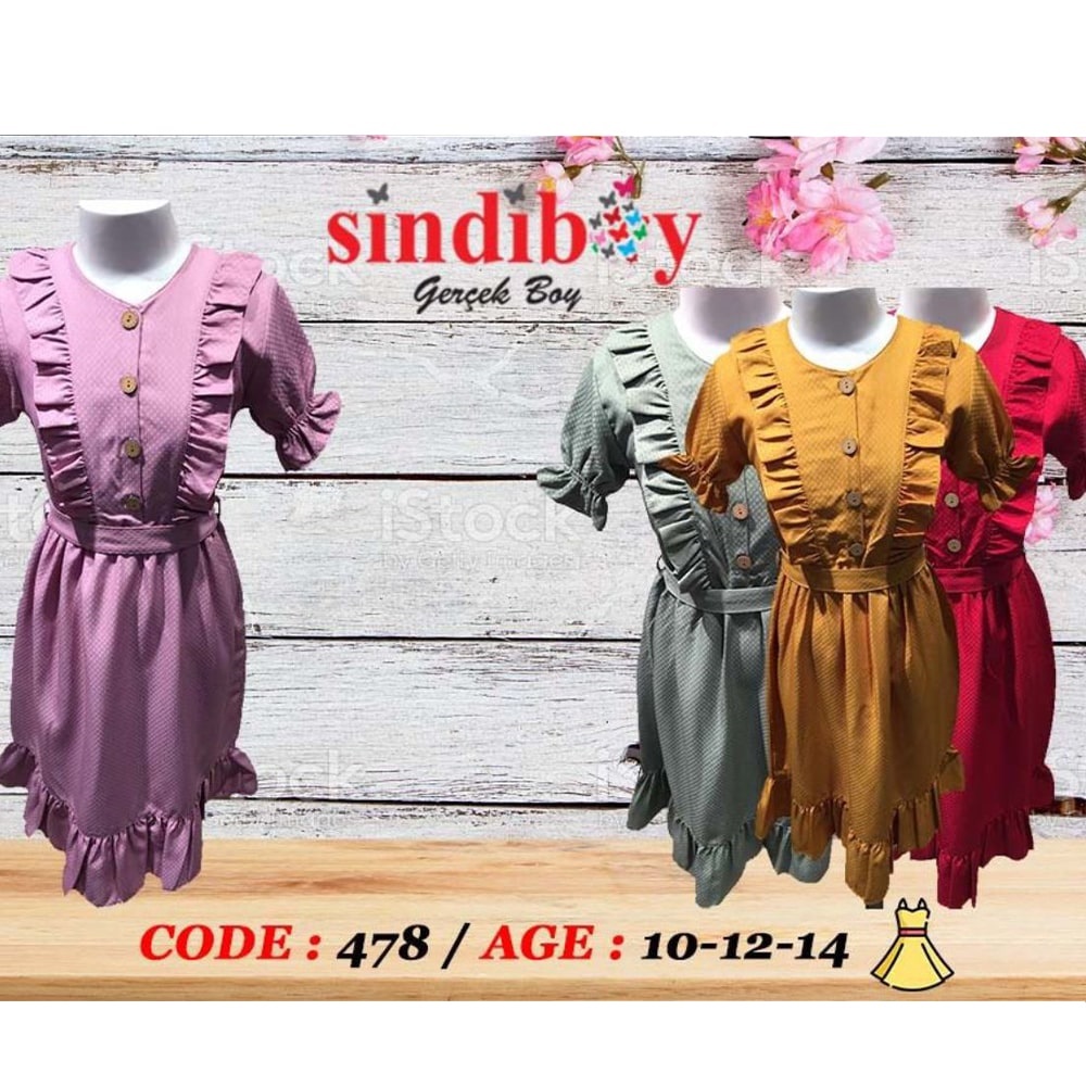 Sindiboy 478 Petek Desen Düğmeli Fırfırlı Elbise 10-14 Yaş