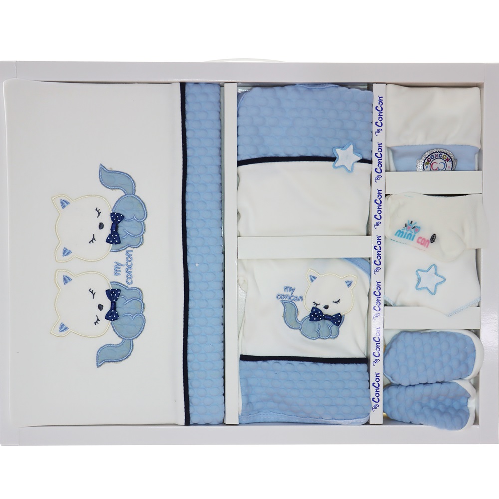 CC-582 Kedi Nakışlı 10 Parça Lüx Zıbın Set 0-3 Ay - Mavi - 0-3 AY