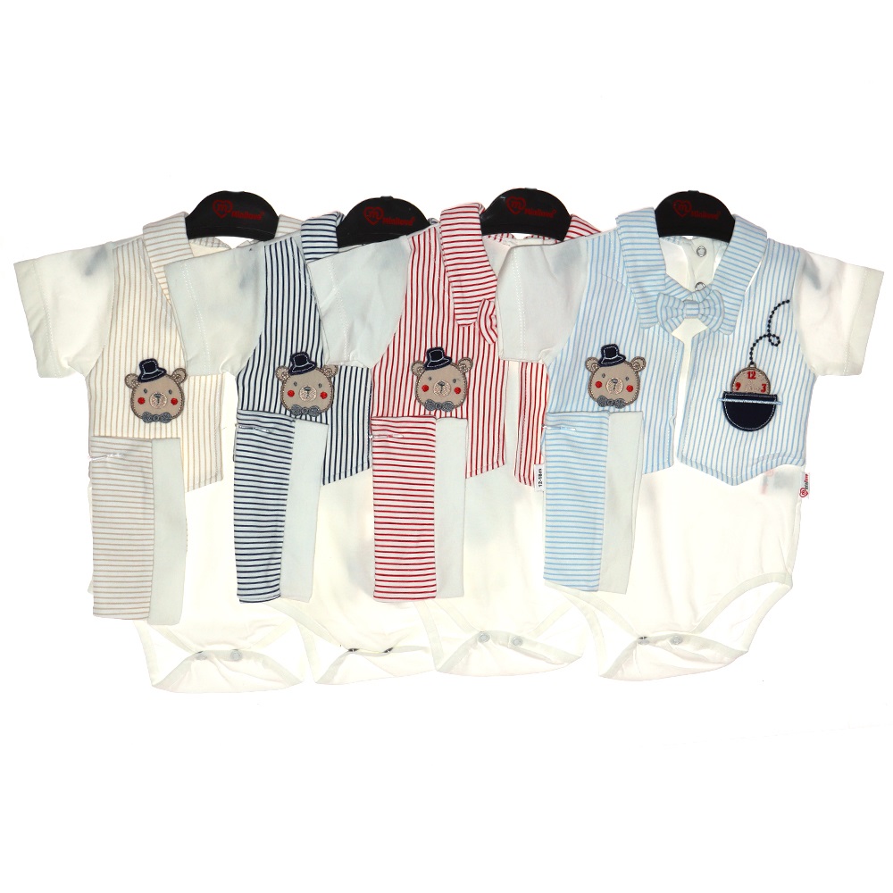 Mini Luck 4773 Erkek Bebe Çizgili Şapkalı Badi 6-9-12-18 Ay