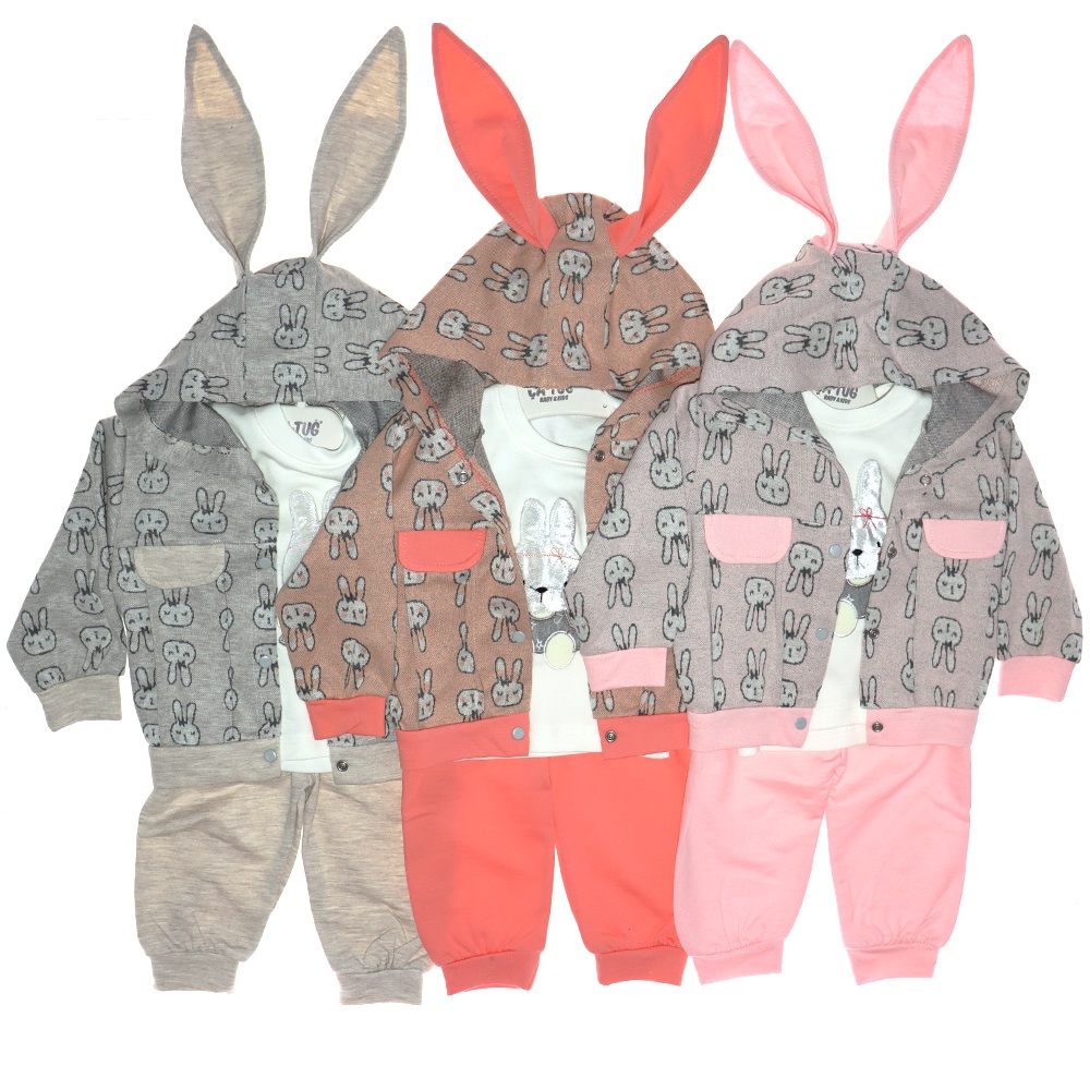 ÇA-TUĞ 3062 Bebe Tavşan Figür Baskılı Kapşonlu 3 lü Penye Takım 9-18 Ay