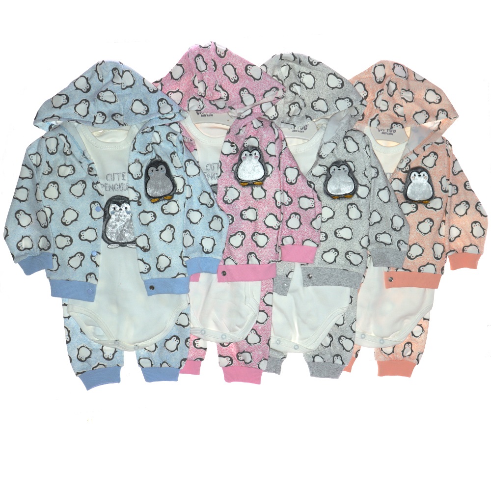 3060 Bebe Penguen Figür Baskılı 3 lü Penye Takım 9-18 Ay
