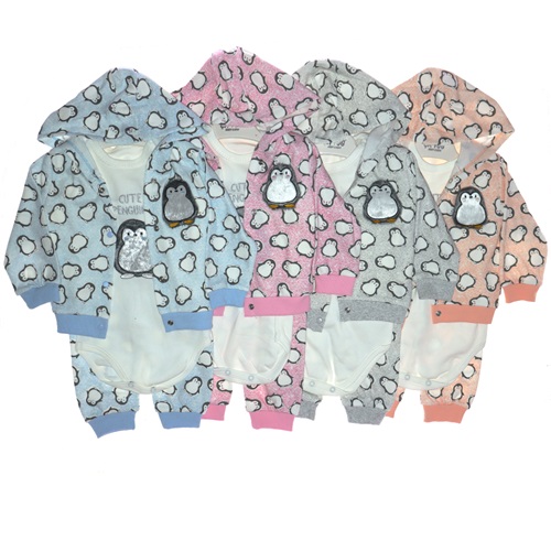 3060 Bebe Penguen Figür Baskılı 3 lü Penye Takım 9-18 Ay