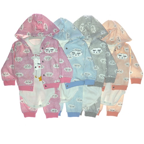 3061 Bebe Bulut Figür Baskılı Kapşonlu 3 lü Penye Takım 9-18 Ay