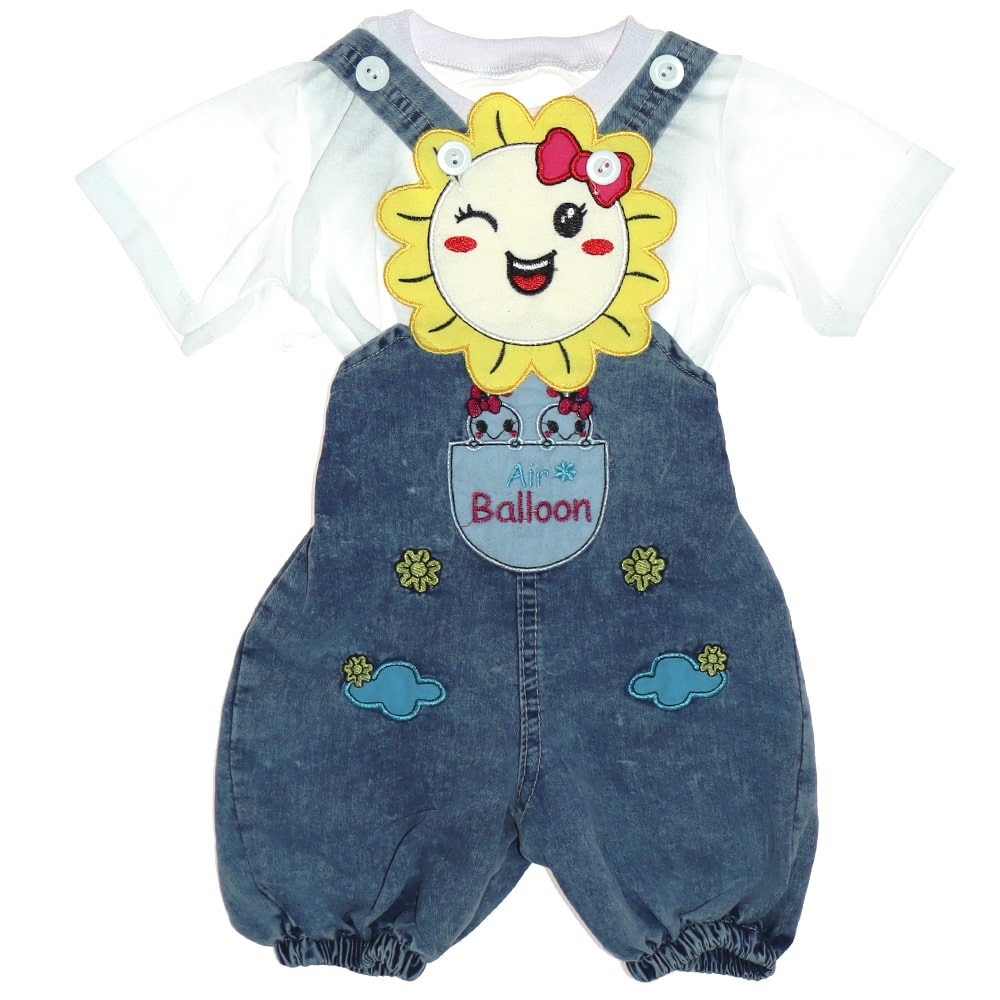 Tay Kids Kız Çocuk Güneş Nakışlı Kot Salopet Tişört Takım 1-4 Yaş