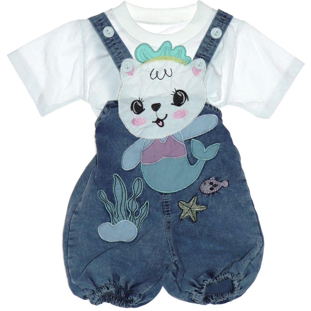 Tay Kids Kız Çocuk Balık Nakışlı Kot Salopet Tişört Takım 1-4 Yaş