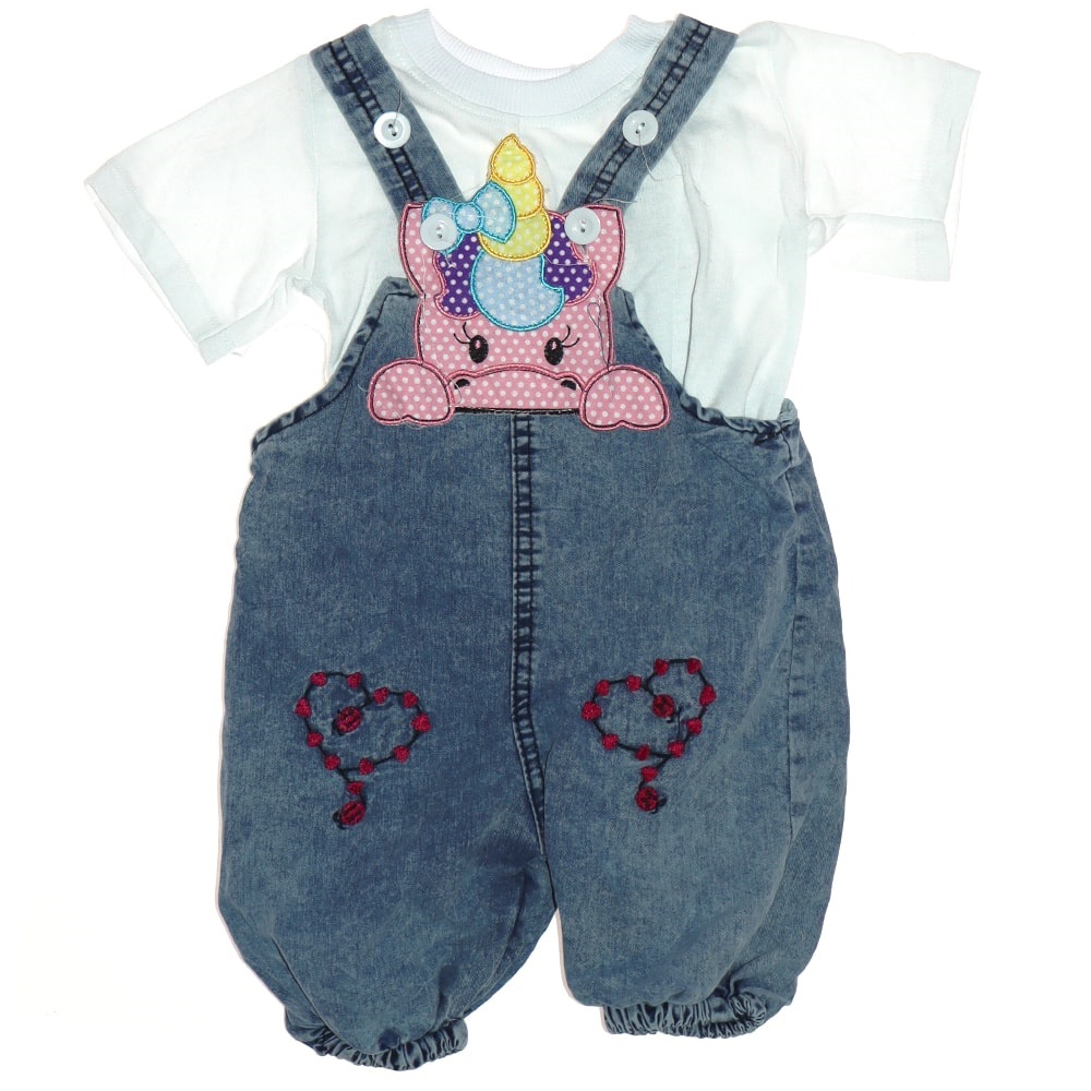 Tay Kids Kız Çocuk Unicorn Nakışlı Kot Salopet Tişört Takım 1-4 Yaş