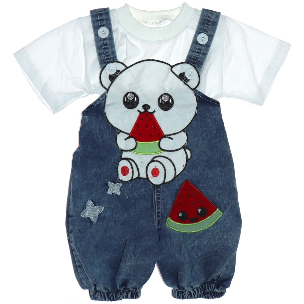 Tay Kids Çocuk Ayıcık Nakışlı Kot Salopet Tişört Takım 1-4 Yaş