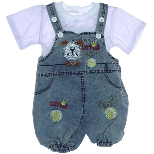 Tay Kids Çocuk Köpek Nakışlı Kot Salopet Tişört Takım 1-4 Yaş