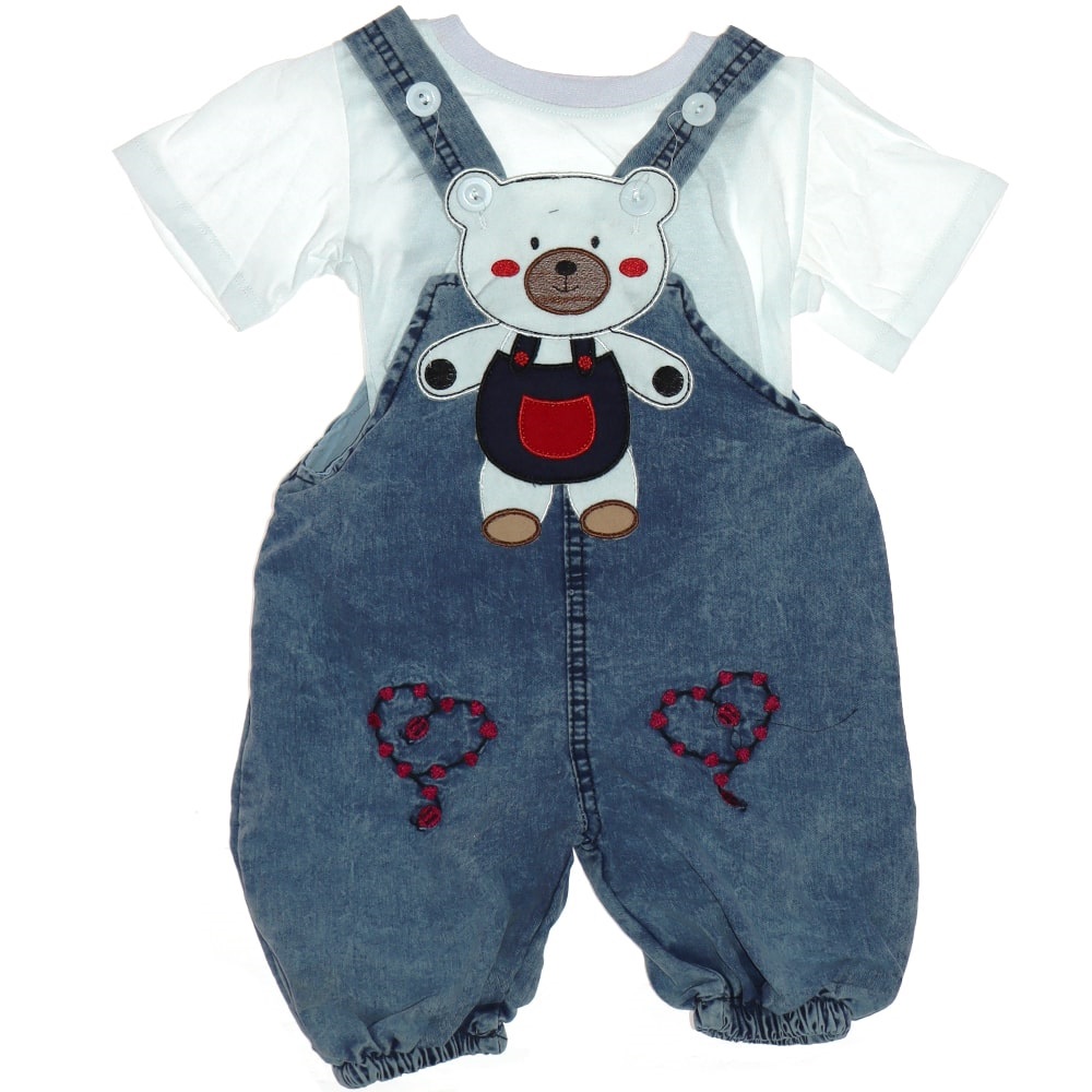 Tay Kids Çocuk Sevimli Ayıcık Kalp Nakışlı Kot Salopet Tişört Takım 1-4 Yaş
