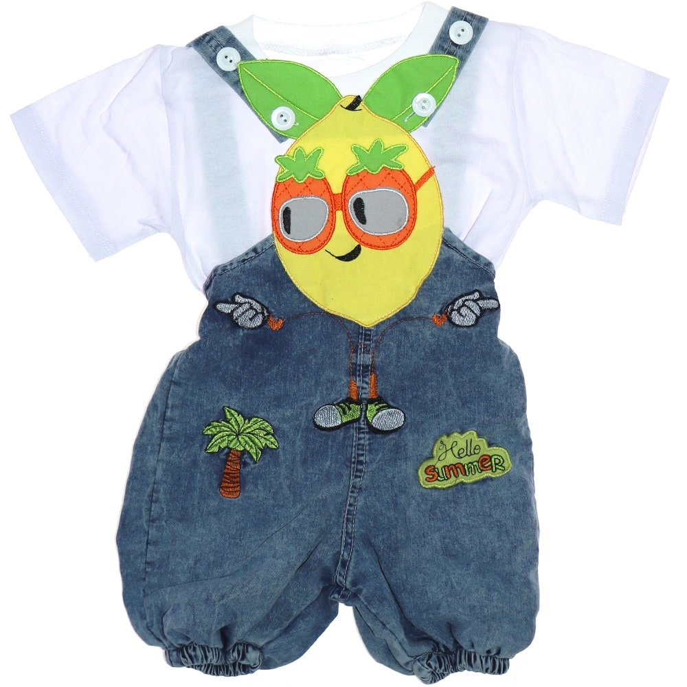 Tay Kids Çocuk Gözlüklü Limon Nakışlı Kot Salopet Tişört Takım 1-4 Yaş