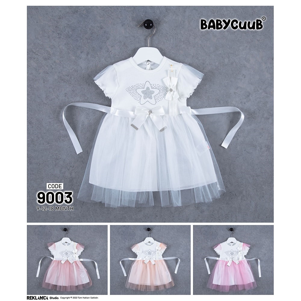 Baby Cuub 9003 Kız Bebe Yıldız Taş Baskılı Bandanalı Elbise 9-12-18 Ay