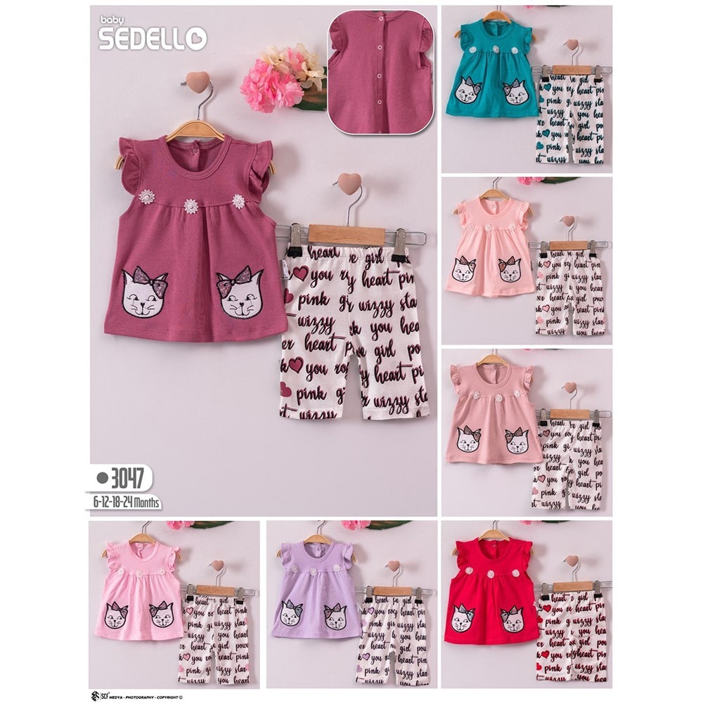 Sedello 3047 Kız Bebe Kedi Nakışlı 2 li Takım 6-12-18-24 Ay