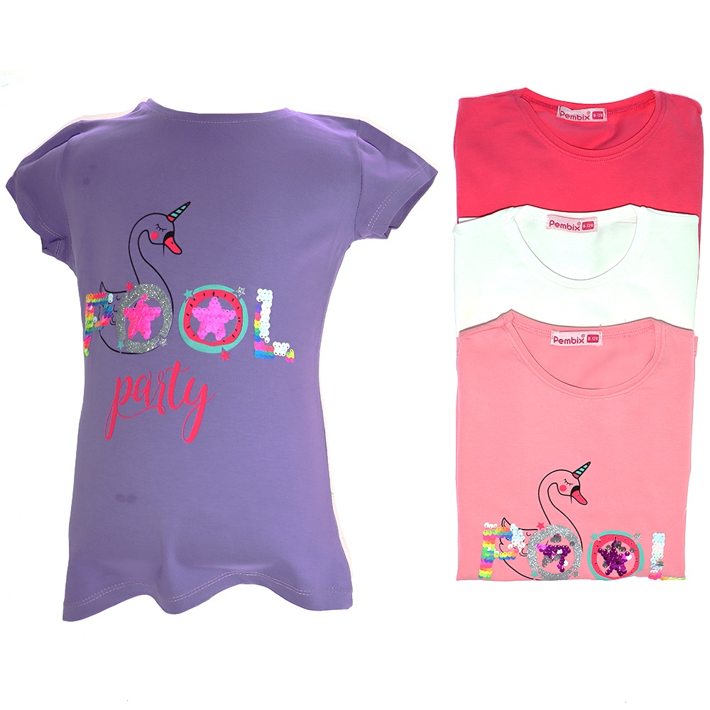 Pembix 289 Kız Çocuk Penye Kuğulu Pullu Tişört 1-8 Yaş