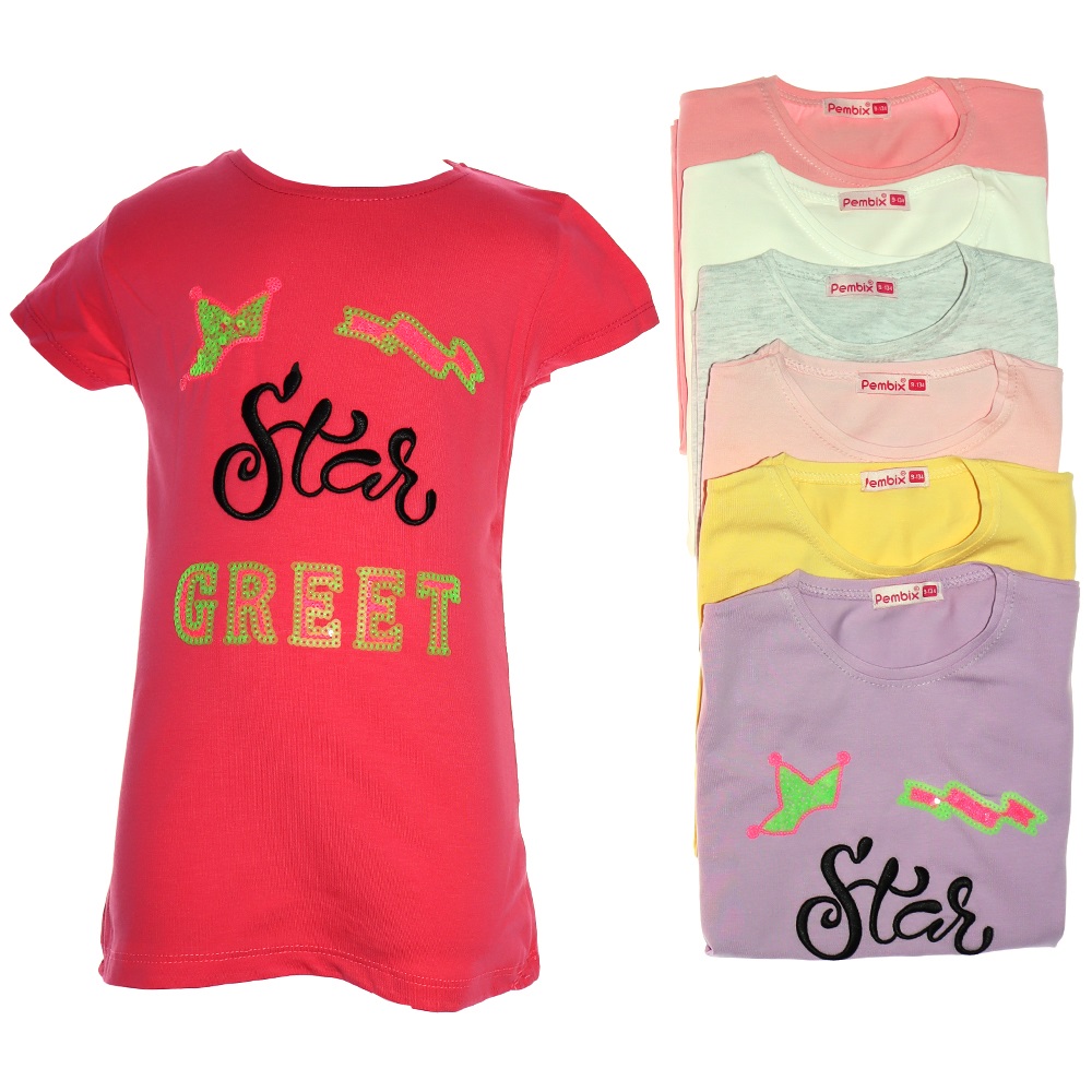 Pembe 397 Kız Çocuk Penye Star Greet Yazı Pullu Tişört 9-12 Yaş