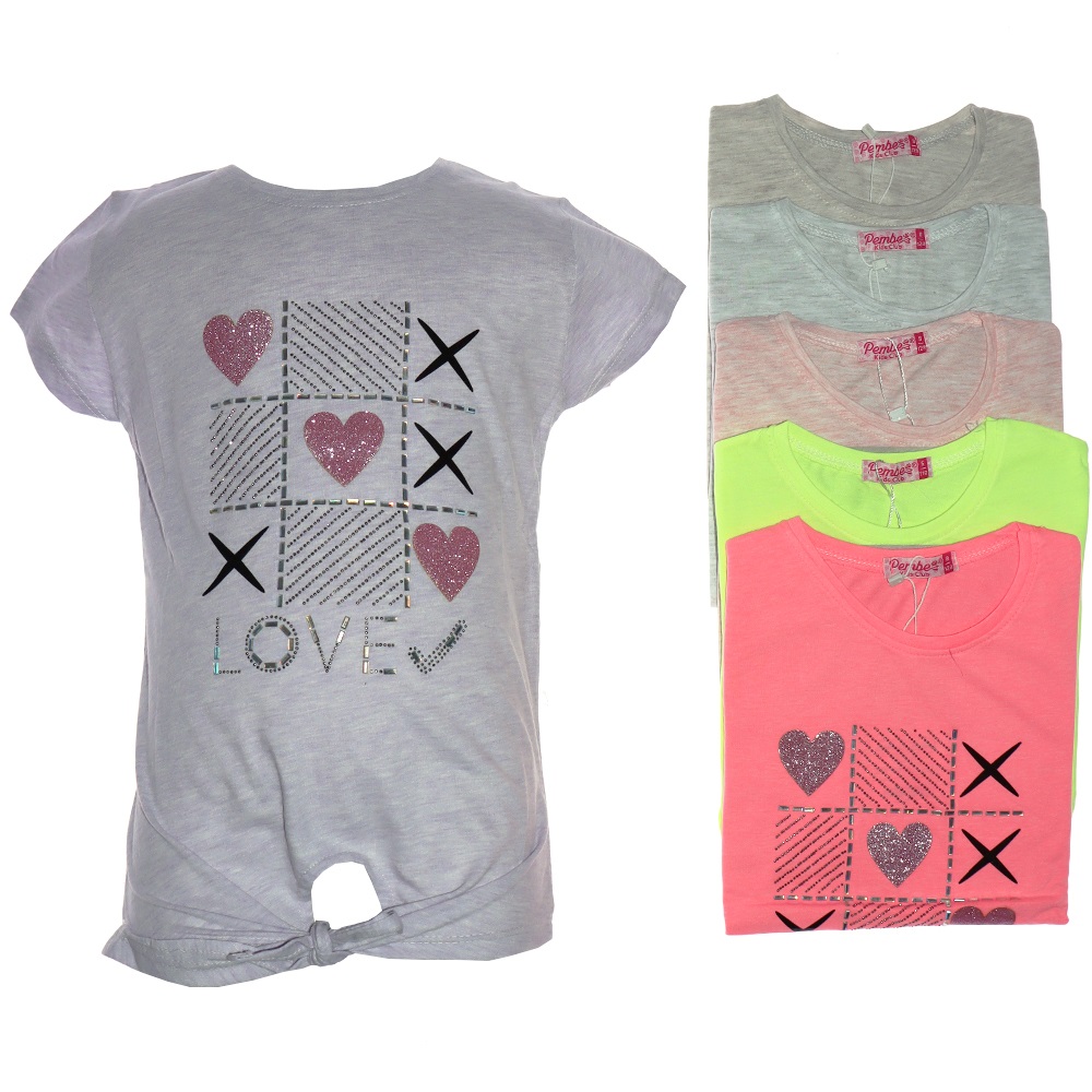 Pembe 4144 Kız Çocuk Penye Ön Bağlamalı Love Taşlı Tişört 5-8 Yaş