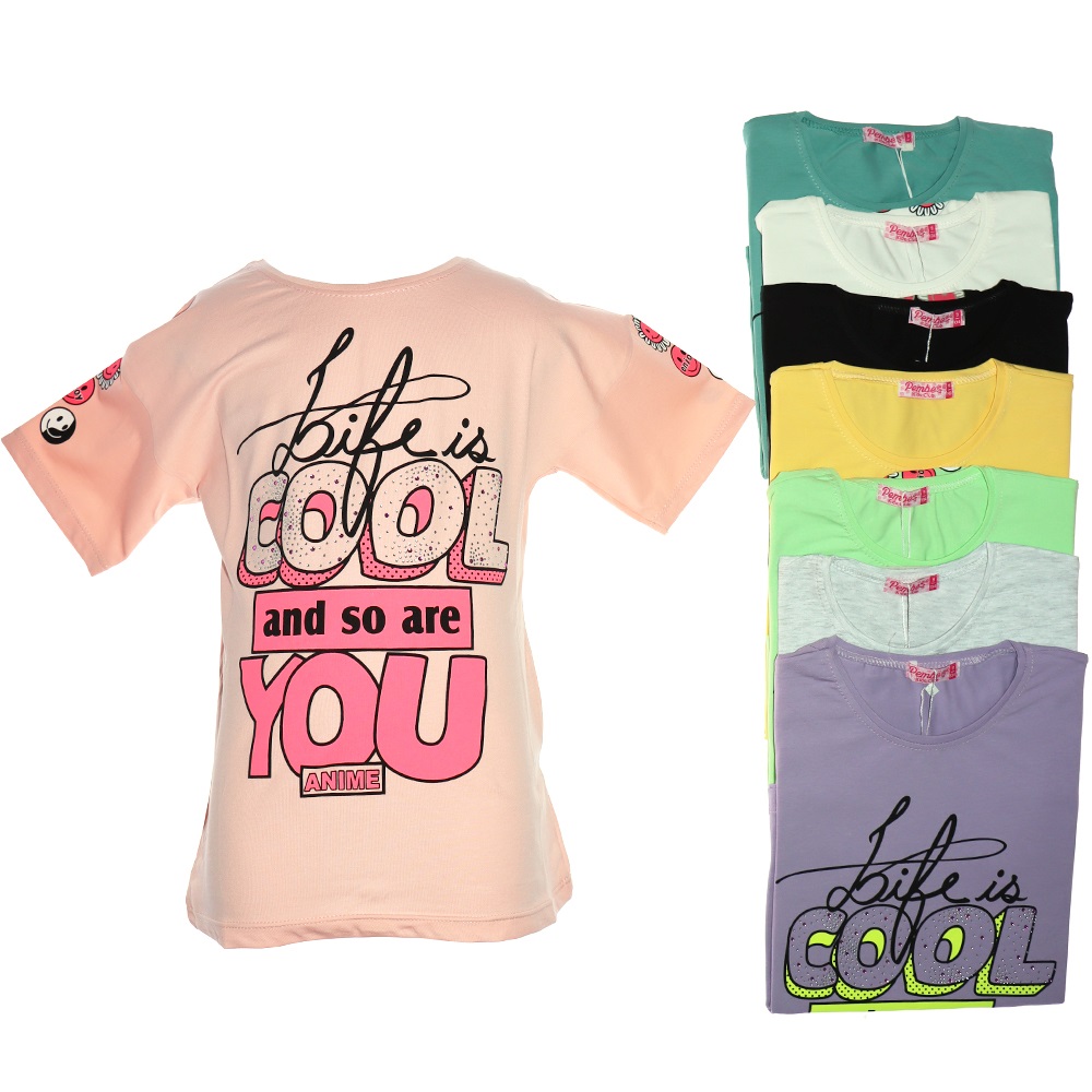 Pembe 5151 Kız Çocuk Cool You Anıme Taşlı Tişört 9-12 Yaş