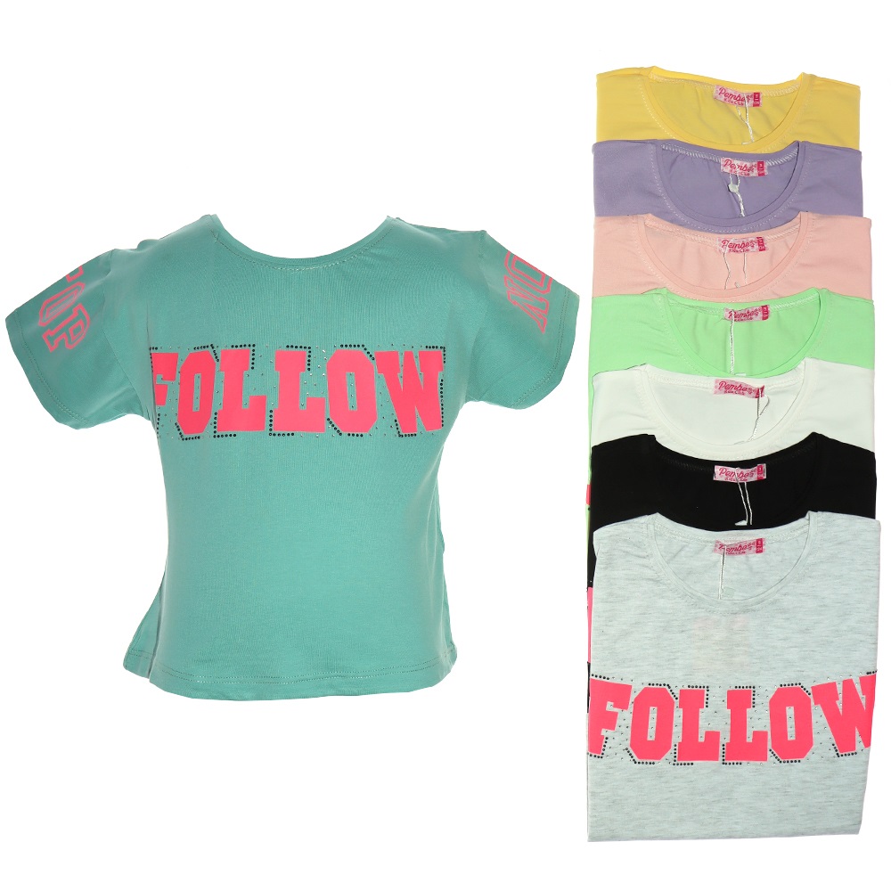 Pembe 6135 Kız Çocuk Follow Baskılı Taşlı Tişört 13-16 Yaş
