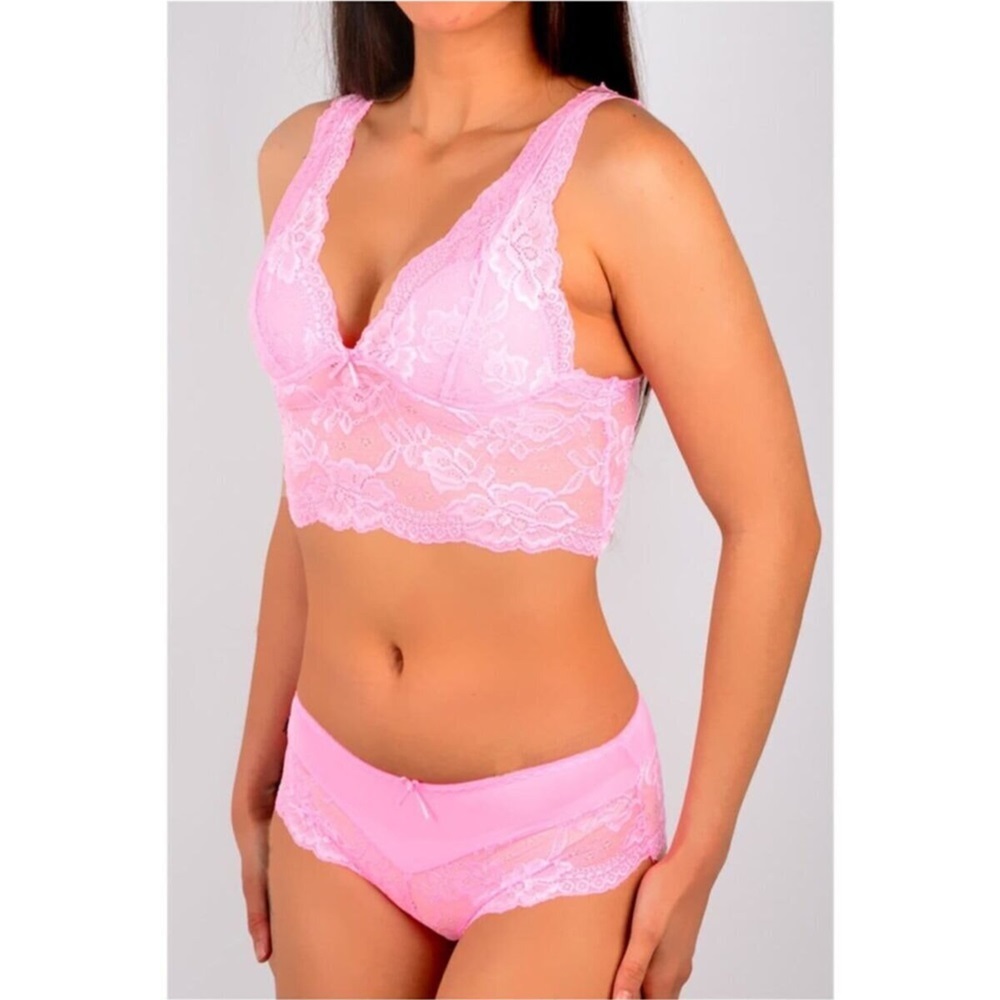 F.K 410 Bayan Dantelli Pedli Bralet Büstiyer Sütyen Takım S-XL - Pembe