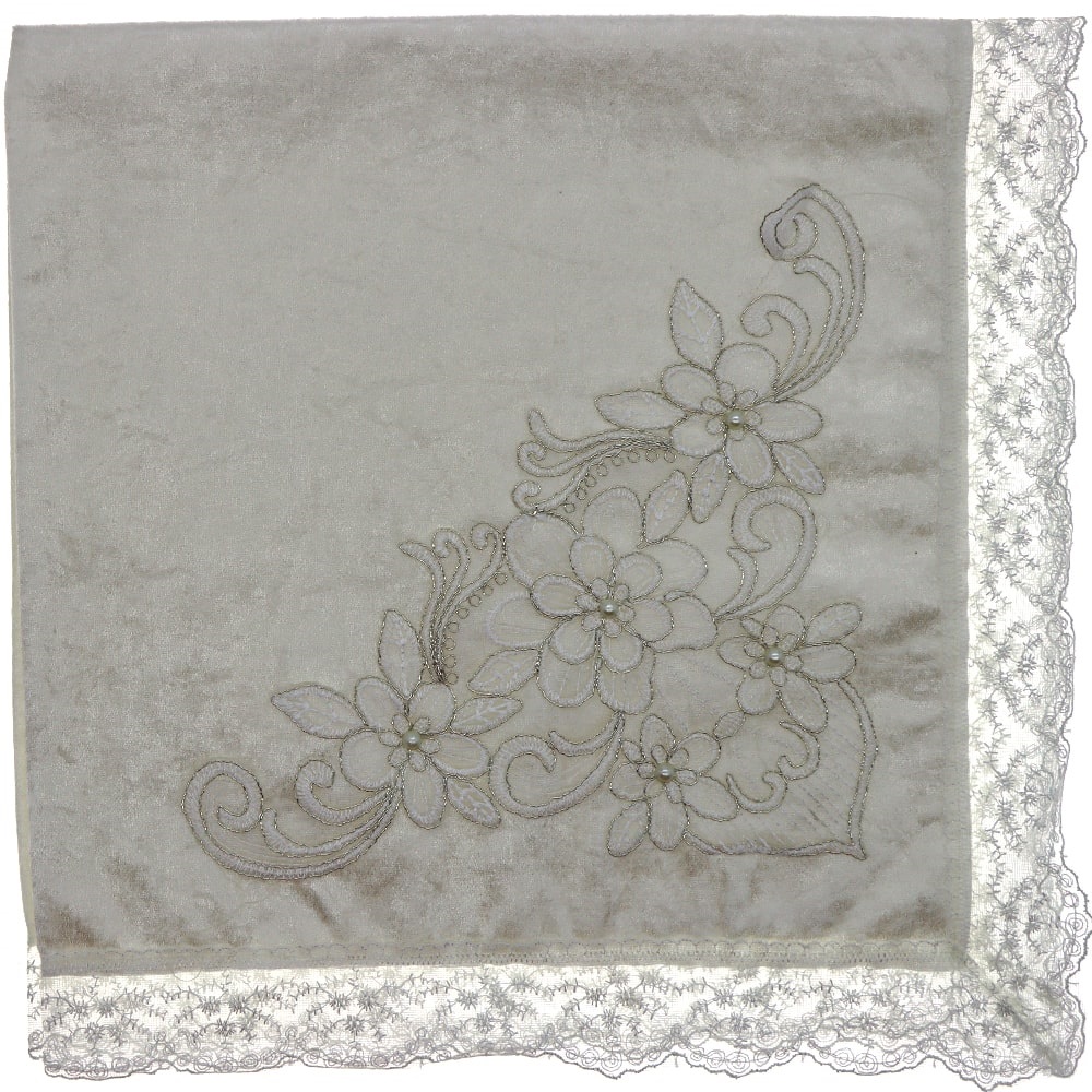 ÖFG Aplike Kadife İncili Güpürlü Bohça - Ekru - STANDART